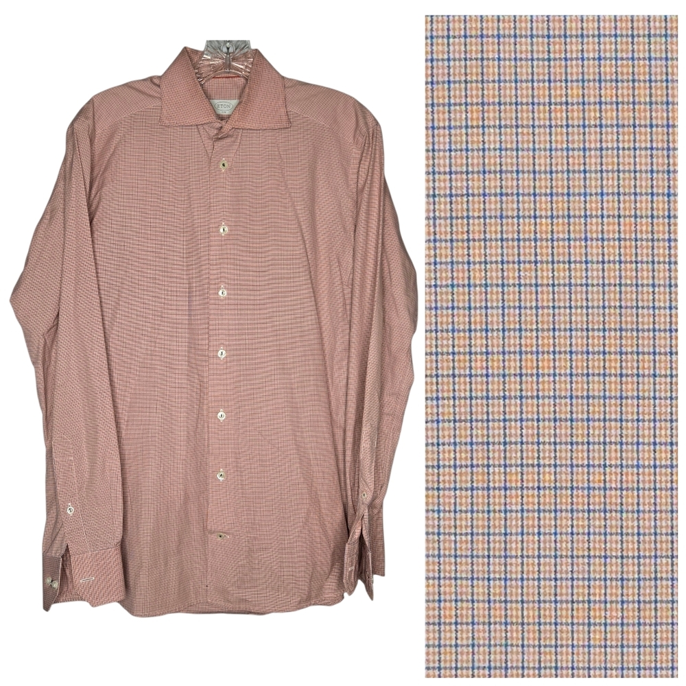 Mens ETON long sleeve shirt 39 15 1/2 Slim Fit Orange Blue Gingham Mini Check